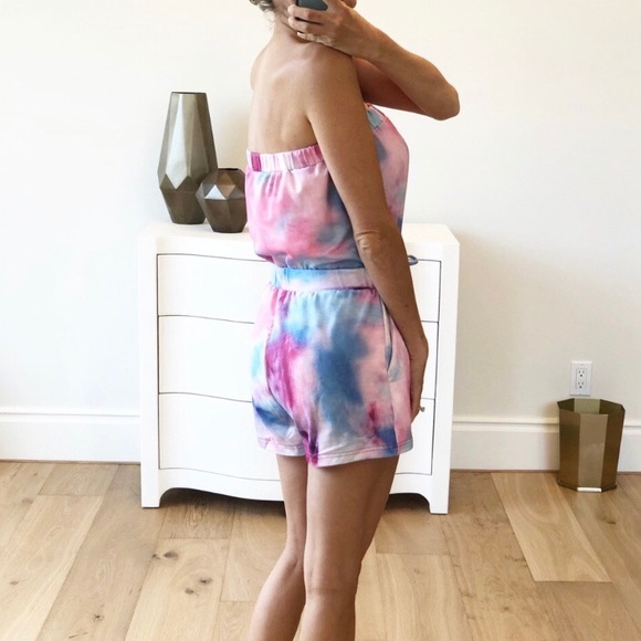 Pink/Blue Tie Dye Strapless Romper / Small - Picture 5 of 6